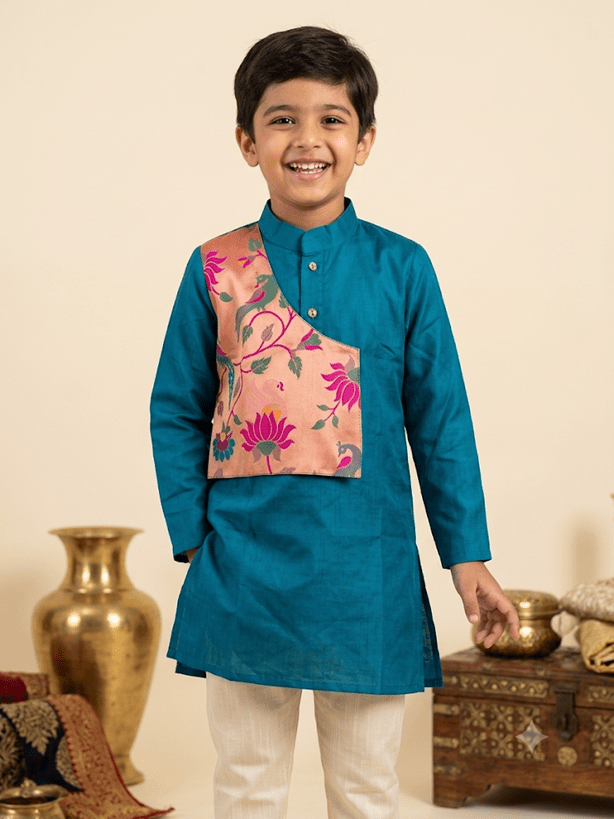Boys traditional teal silk kurta pyjama set with peach lotus brocade flap - House of Kritee