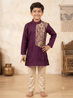 Boys traditional wine silk kurta pyjama set with gold zari brocade panel - House of Kritee