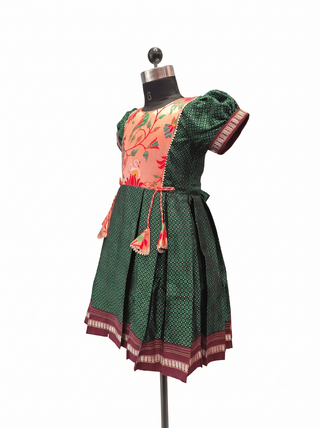 Dark green traditional Khun knee length frock with peach embroidered silk yoke - House of Kritee