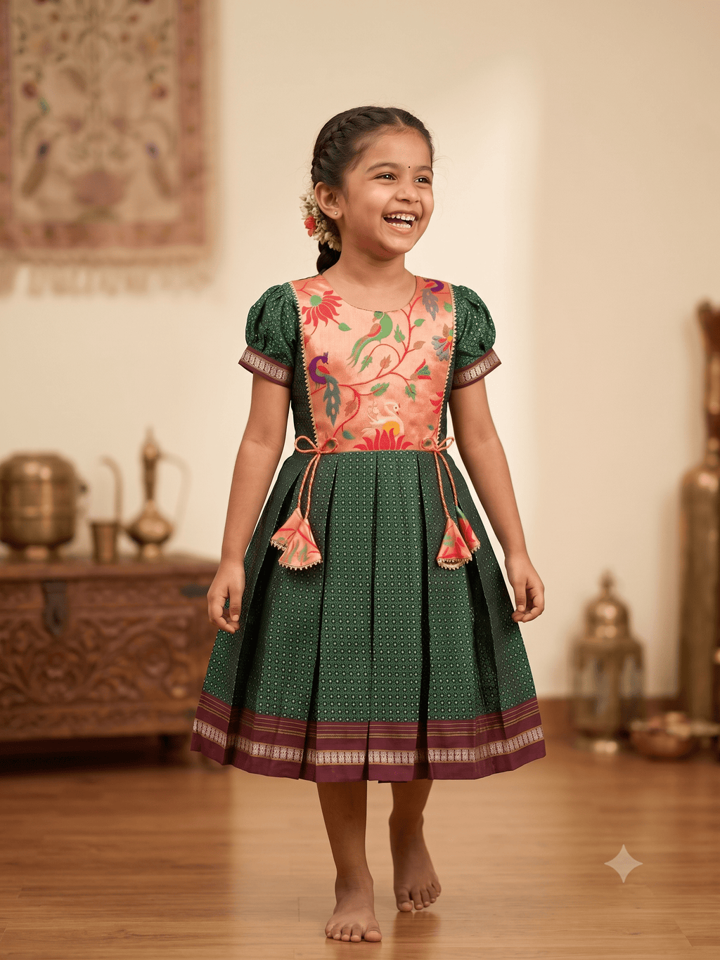 Dark green traditional Khun knee length frock with peach embroidered silk yoke - House of Kritee