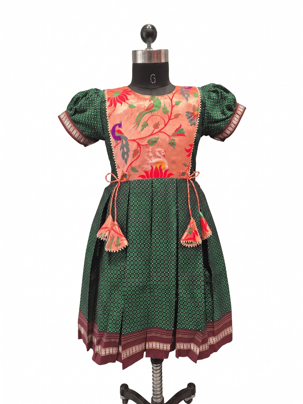 Dark green traditional Khun knee length frock with peach embroidered silk yoke - House of Kritee