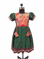 Dark green traditional Khun knee length frock with peach embroidered silk yoke - House of Kritee