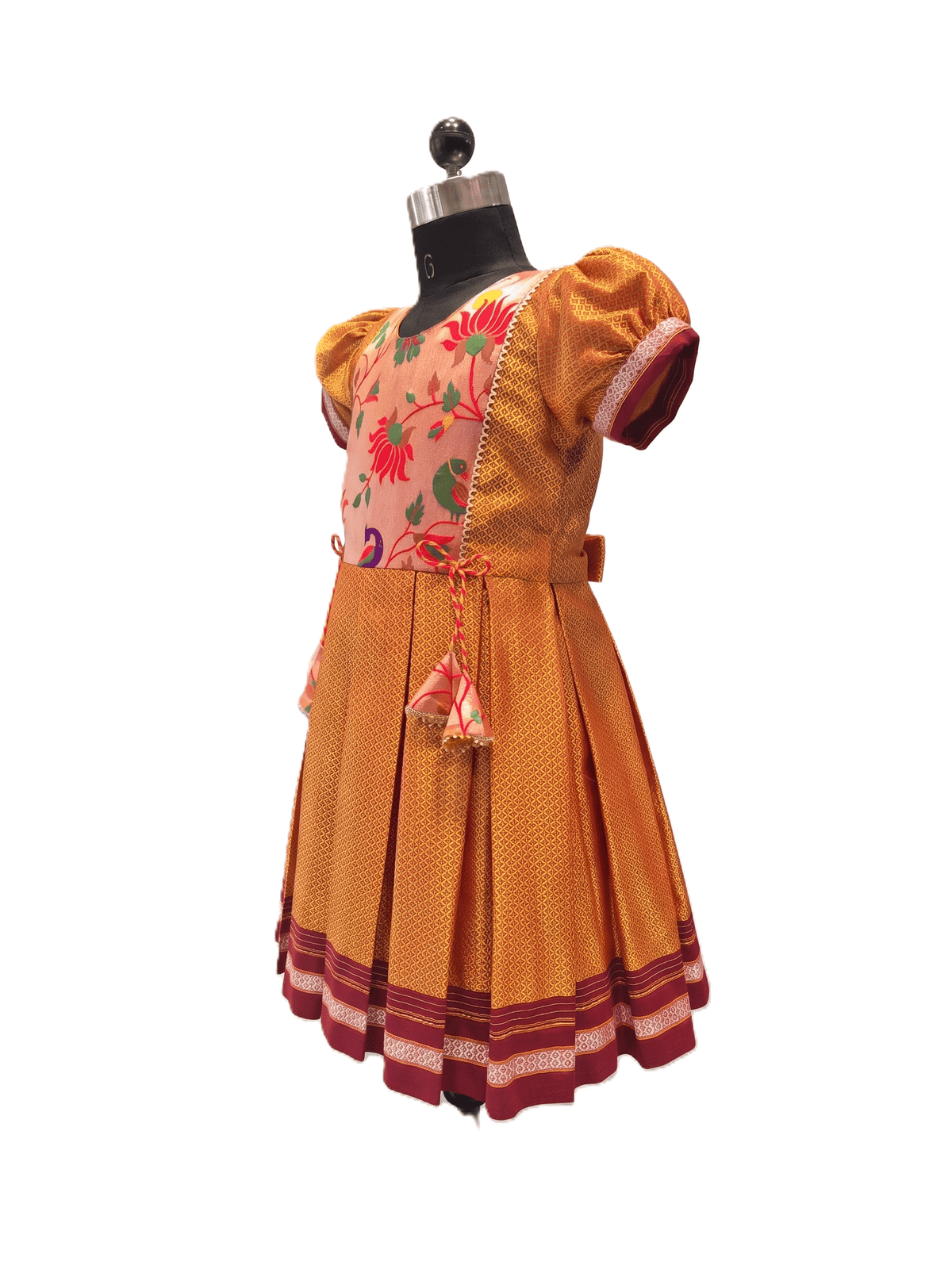 Girls mustard yellow traditional Khun frock with lotus peacock brocade yoke - House of Kritee