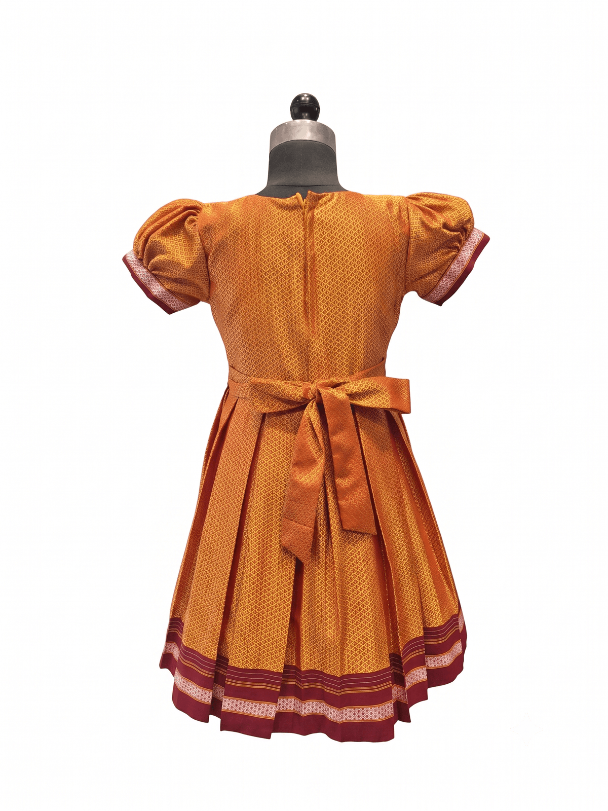 Girls mustard yellow traditional Khun frock with lotus peacock brocade yoke - House of Kritee