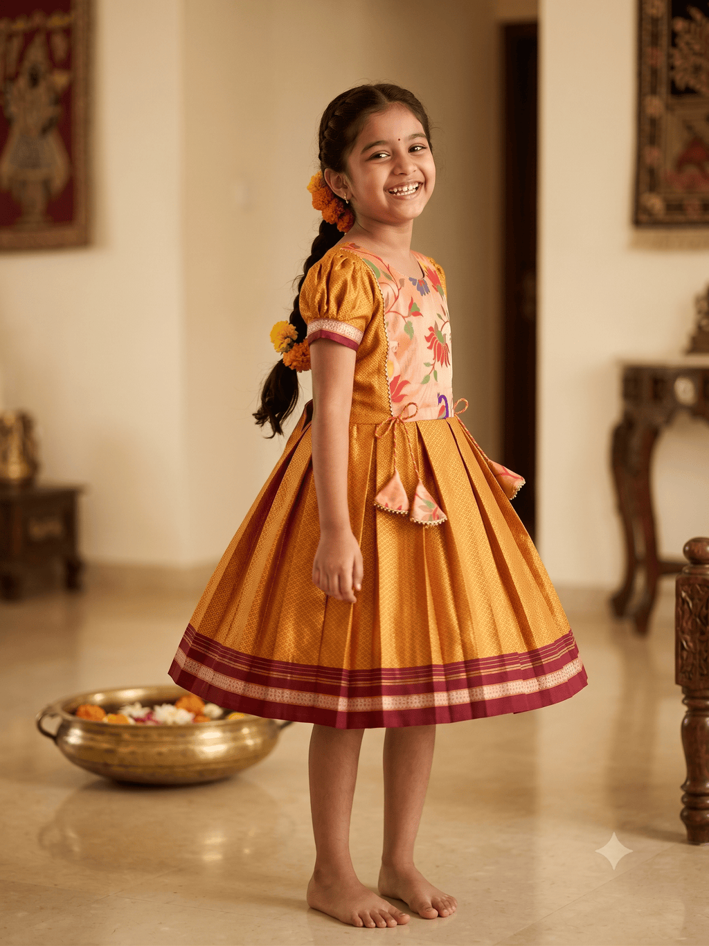 Girls mustard yellow traditional Khun frock with lotus peacock brocade yoke - House of Kritee