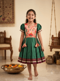Emerald green Khun knee length frock with peach lotus brocade front panel - House of Kritee