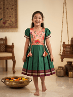 Emerald green Khun knee length frock with peach lotus brocade front panel - House of Kritee