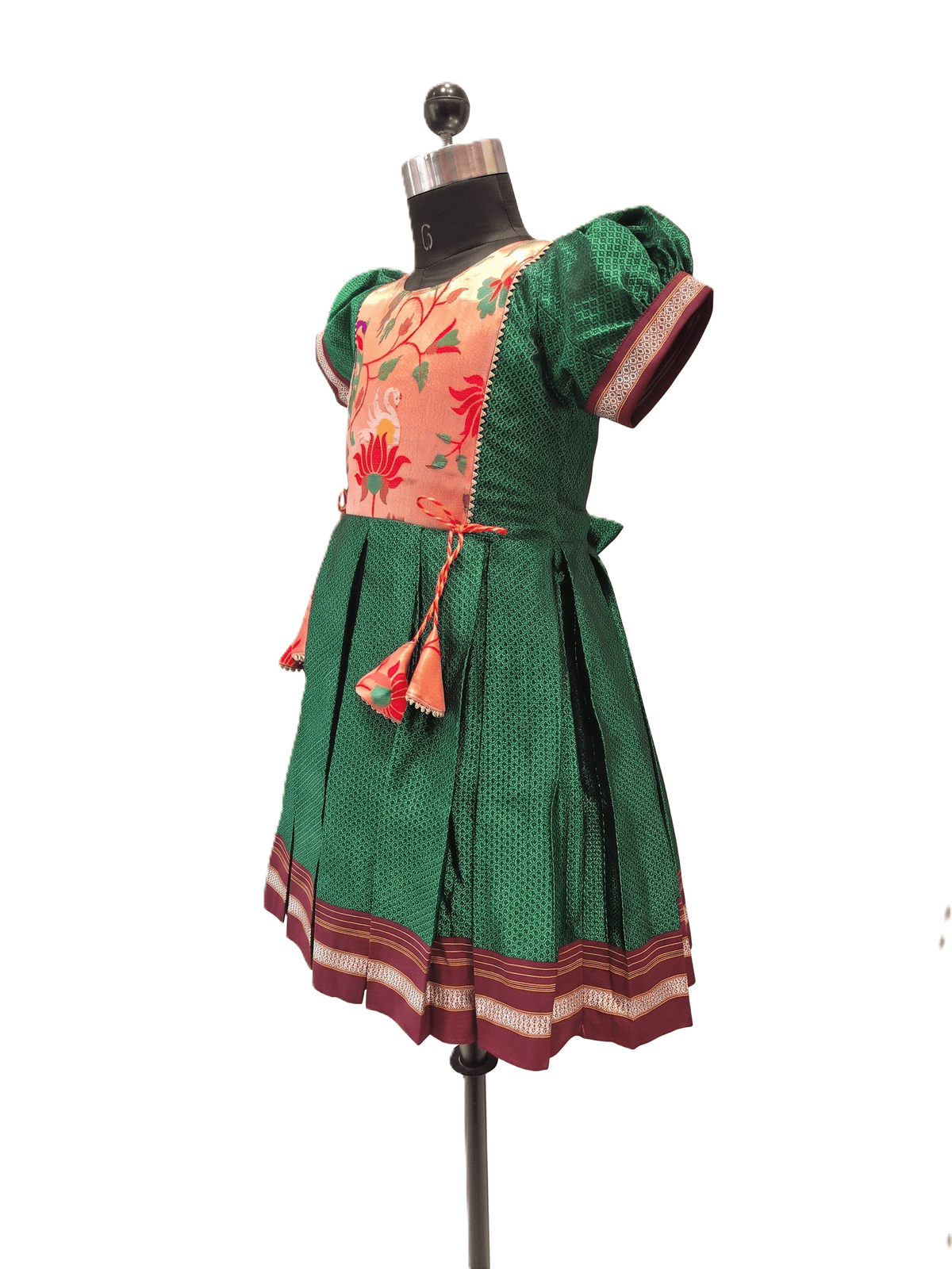 Emerald green Khun knee length frock with peach lotus brocade front panel - House of Kritee