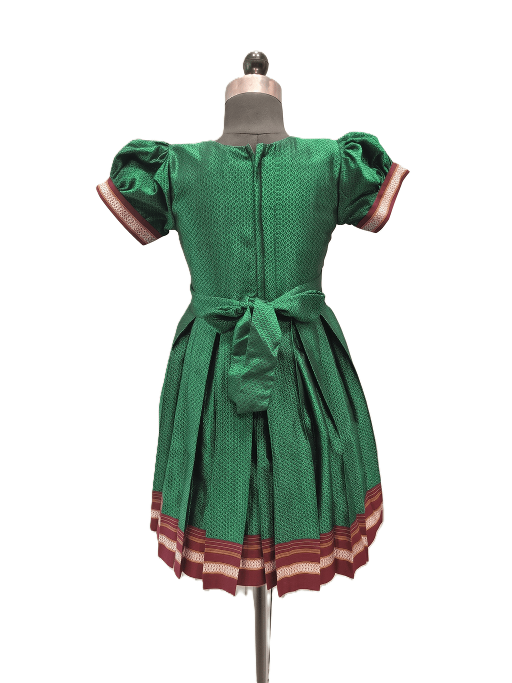 Emerald green Khun knee length frock with peach lotus brocade front panel - House of Kritee