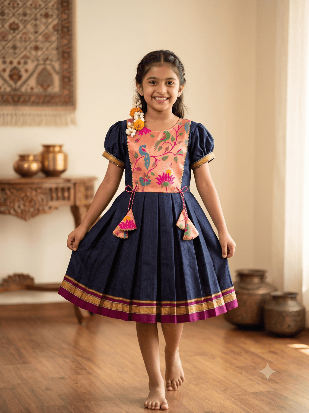 A young girl smiling and walking barefoot indoors while wearing a traditional Indian dress with a navy blue skirt, a peach embroidered bodice, and gold and magenta borders. - House of Kritee