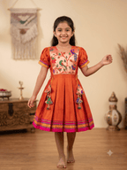 Bright orange Khun knee length frock with embroidered parrot peacock front yoke - House of Kritee