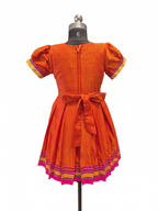 Bright orange Khun knee length frock with embroidered parrot peacock front yoke - House of Kritee