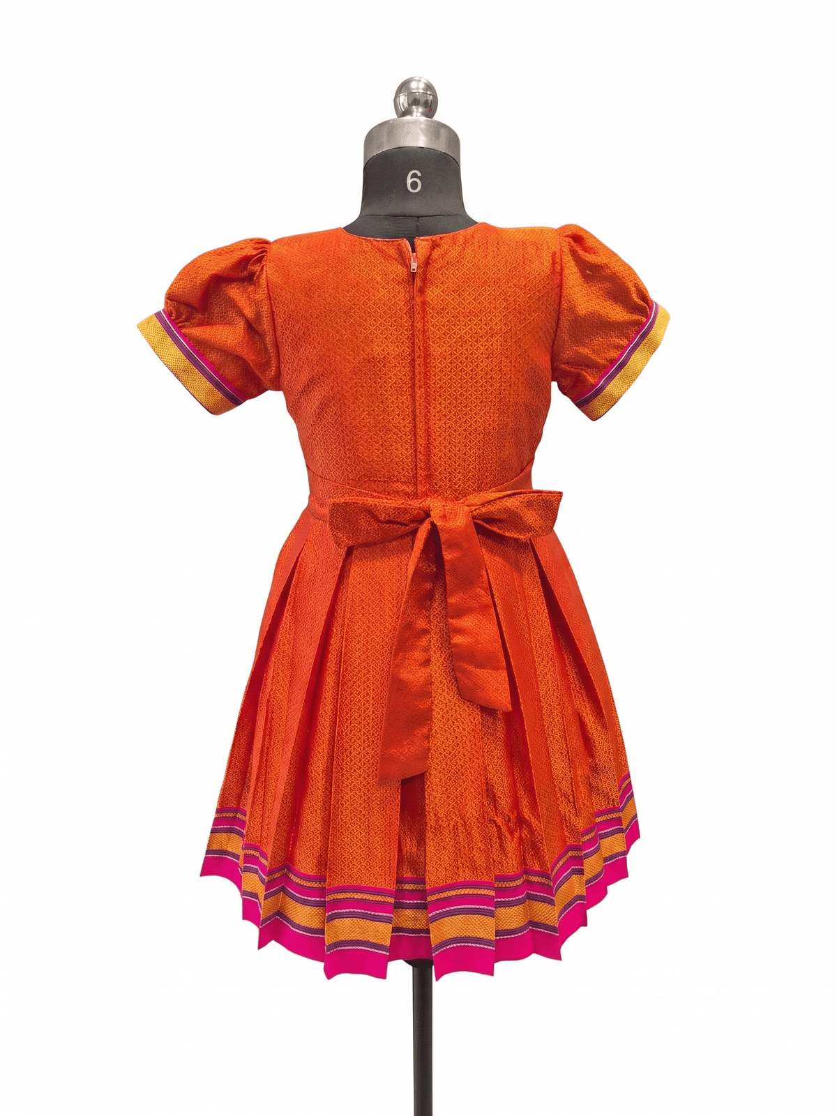 Bright orange Khun knee length frock with embroidered parrot peacock front yoke - House of Kritee