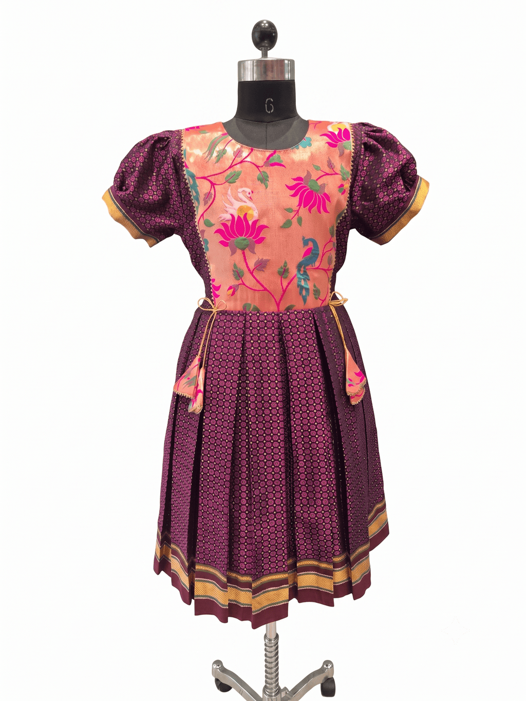Deep purple Khun knee length frock with peach floral peacock yoke - House of Kritee