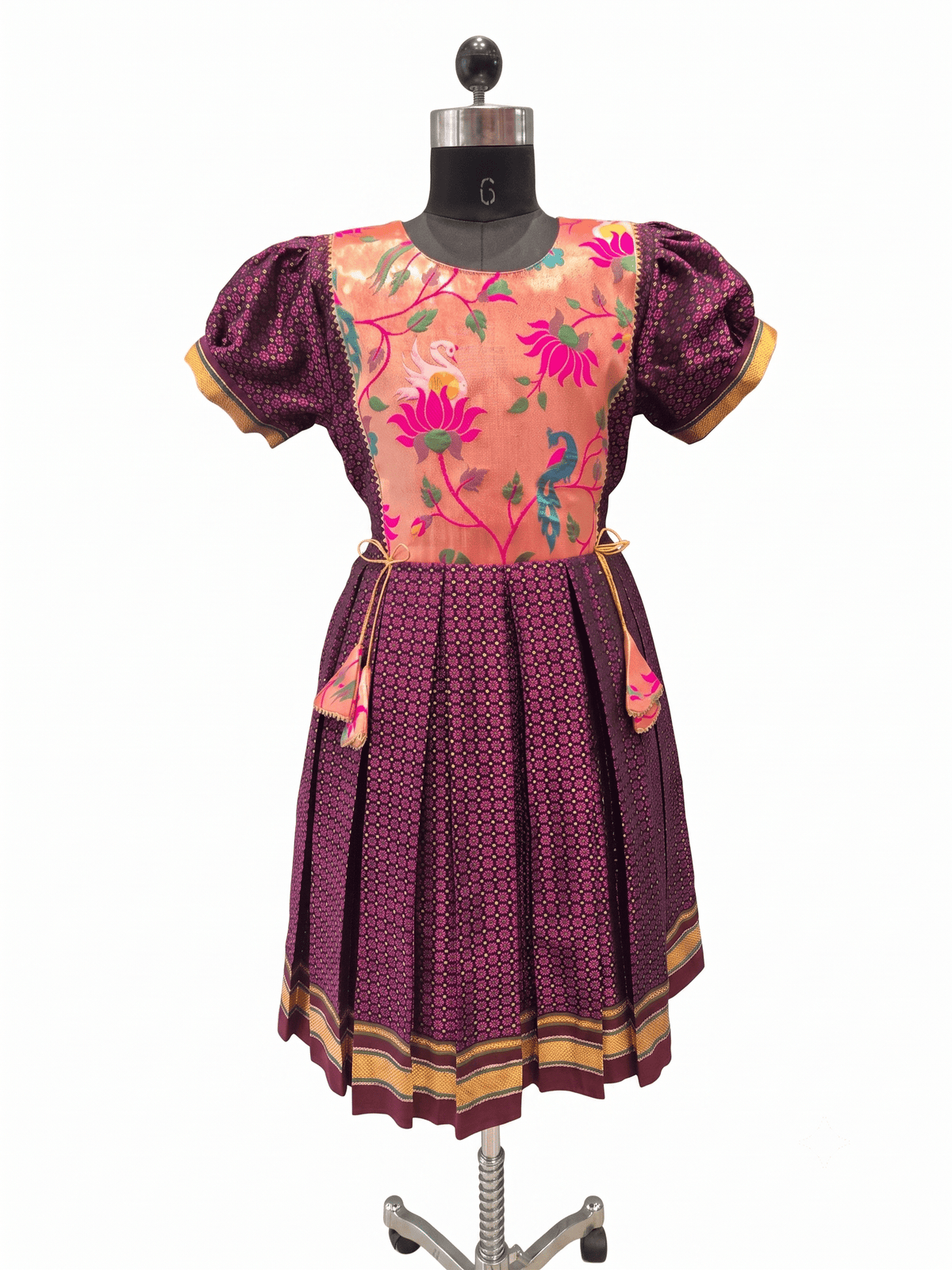 Deep purple Khun knee length frock with peach floral peacock yoke - House of Kritee