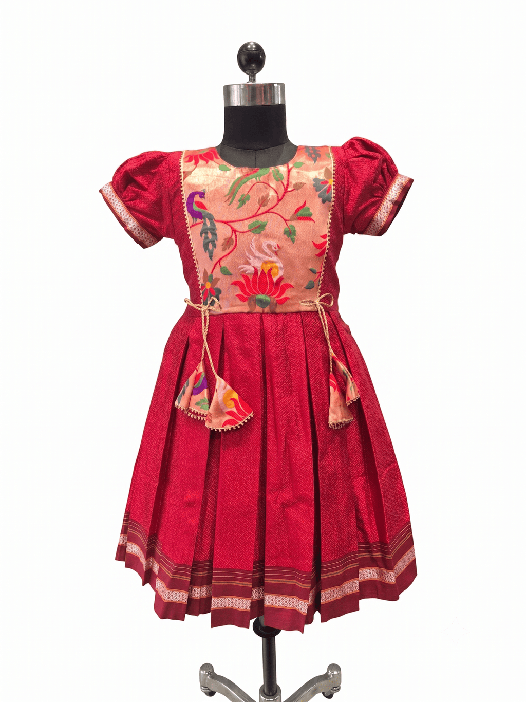 Red traditional Khun knee length frock for girls with peach lotus brocade front yoke - Houser of Kritee