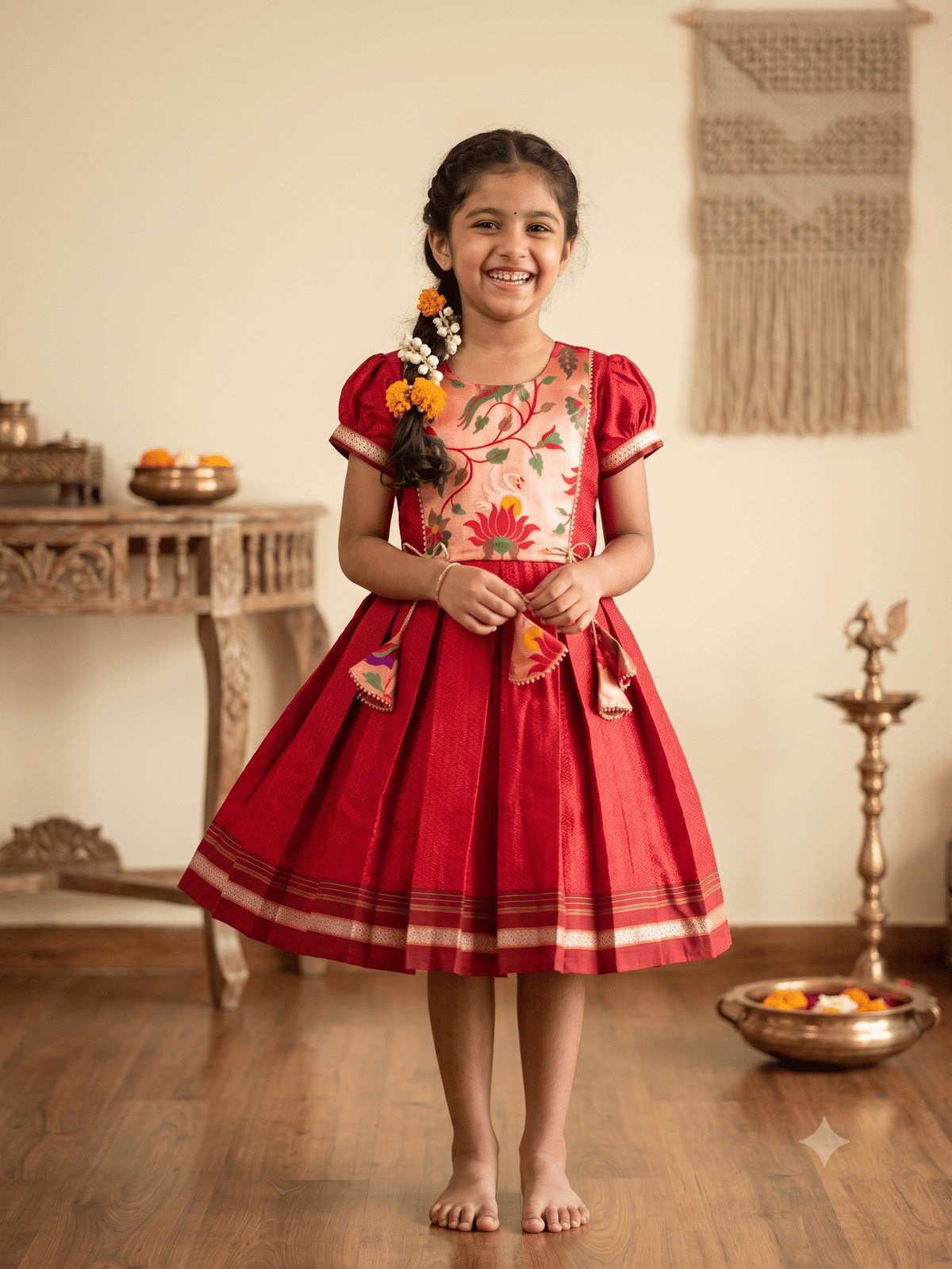 A young girl smiling and standing barefoot indoors, wearing a bright red traditional dress with floral embroidery on the bodice and a flared skirt. The room has wooden floors, a carved table, wall hanging, and brass decorative lamps  - House of Kritee