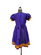 Royal blue traditional Khun knee length frock with peach floral peacock yoke - House of Kritee