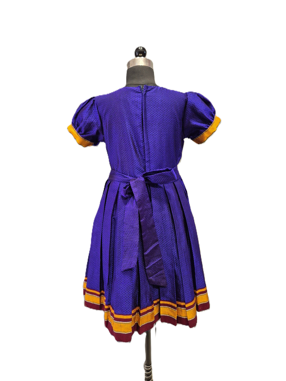 Royal blue traditional Khun knee length frock with peach floral peacock yoke - House of Kritee