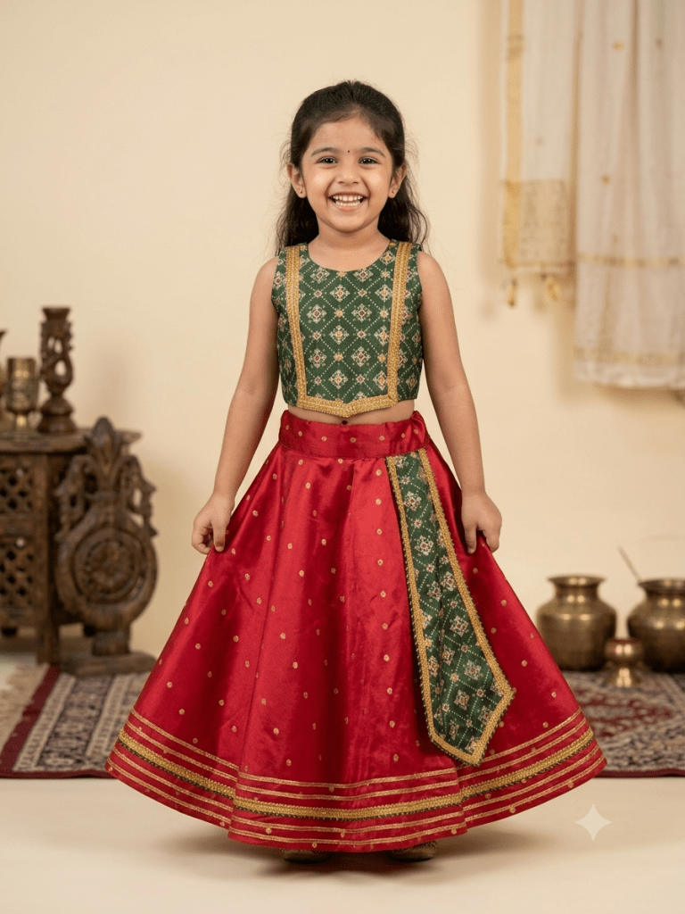 Young smiling Indian girl model wearing a traditional red and green silk parkar-polka lehenga choli set against a warm ivory ethnic background.