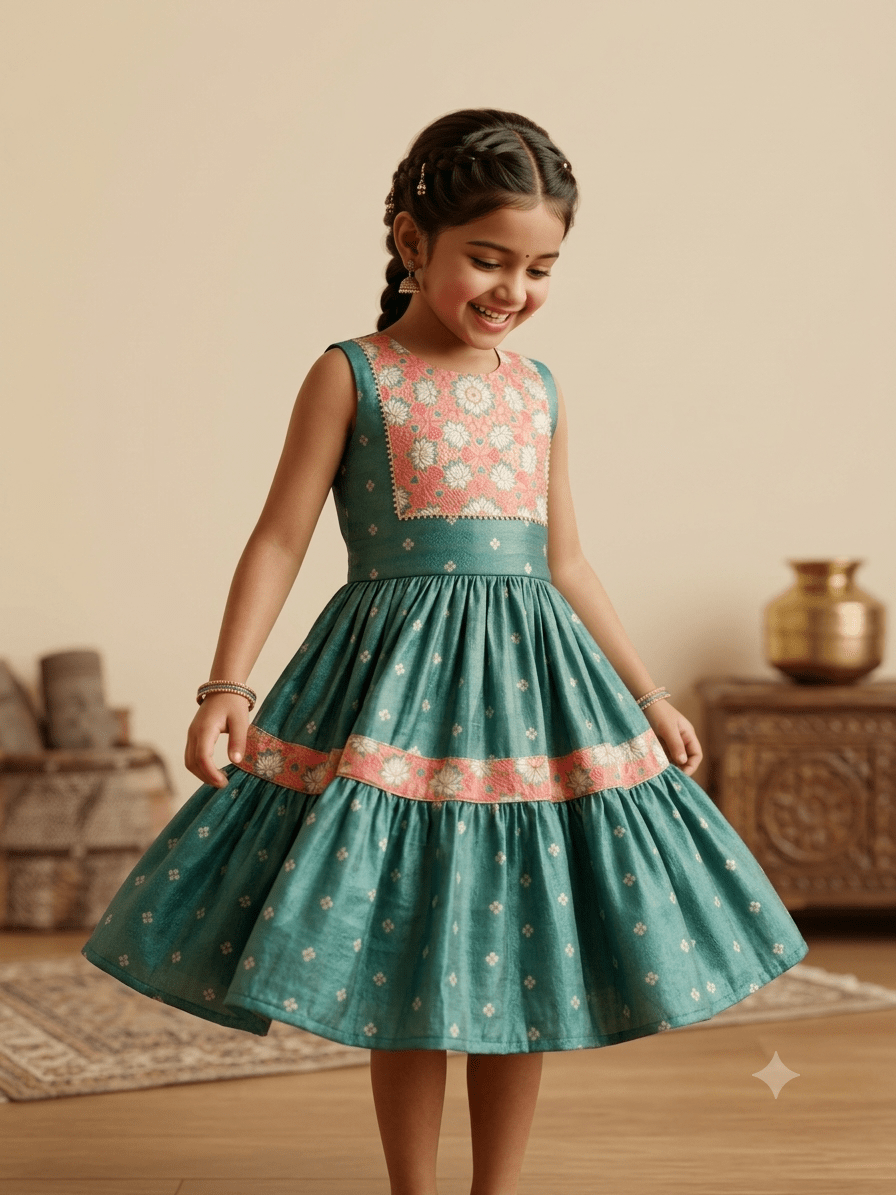 A beautiful teal-green silk tiered frock for girls, with a richly embroidered yoke and hem border