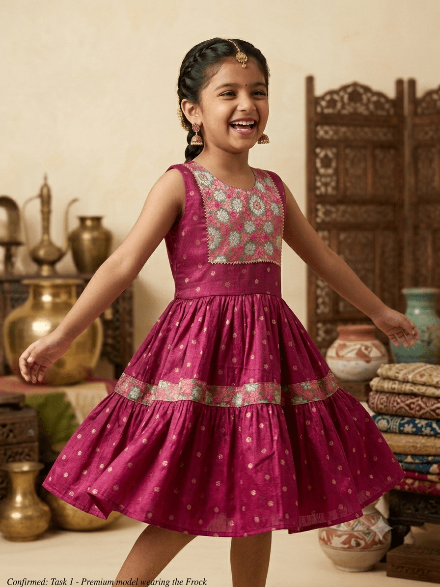 Happy young girl wearing premium silk knee-length ethnic frock dress smiling in a warm cream cream-colored room