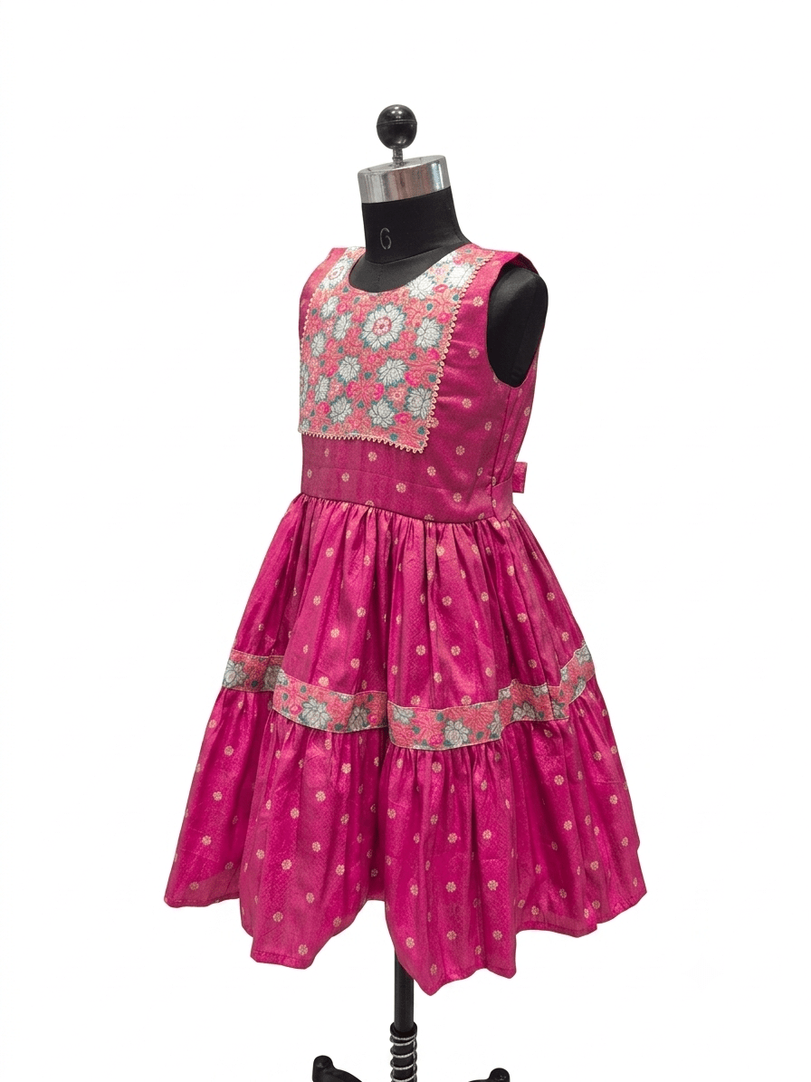 A sleeveless tiered pink dress with white polka dots and a floral embroidered bodice, displayed on a black dress form against a white background.