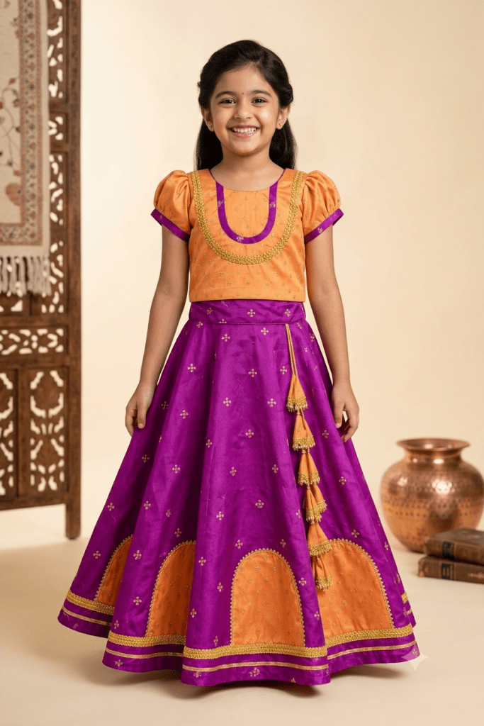 A young girl smiles while wearing a traditional orange and purple silk blend lehenga choli, featuring intricate pearl and gold embroidery and a decorative tassel