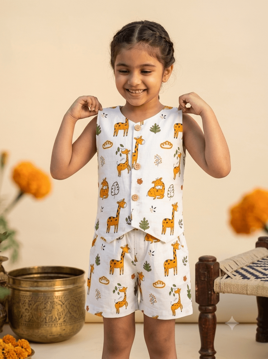 Happy Desi digital girl smiling and wearing a premium white cotton co-ord set featuring a giraffe print sleeveless waistcoat with wooden buttons and matching shorts in a blurred garden background setting